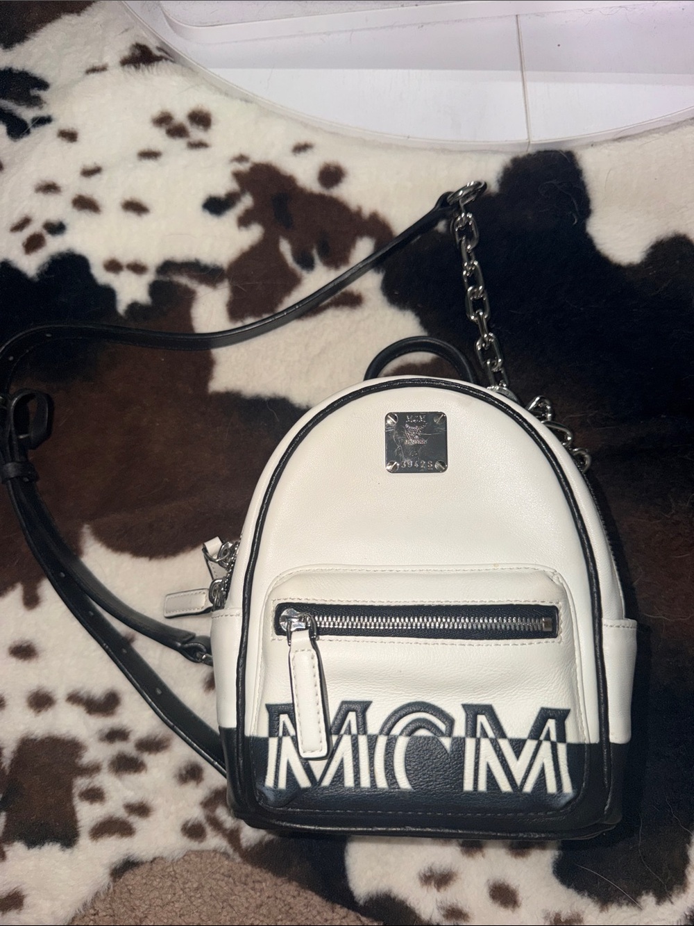 MCM White & Black Logo Mini Backpack Crossbody